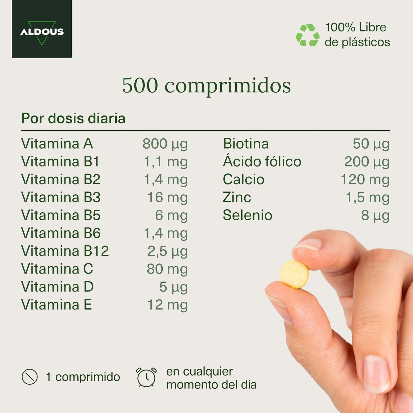 Multivitaminas Hombre y Mujer - 500 comprimidos + 1 año - Multivitaminico: Vitamina C, D, E, A, Vitaminas B, Biotina, Acido Folico, Calcio, Zinc, Selenio - Complejo Vitaminico Completo - ALDOUS