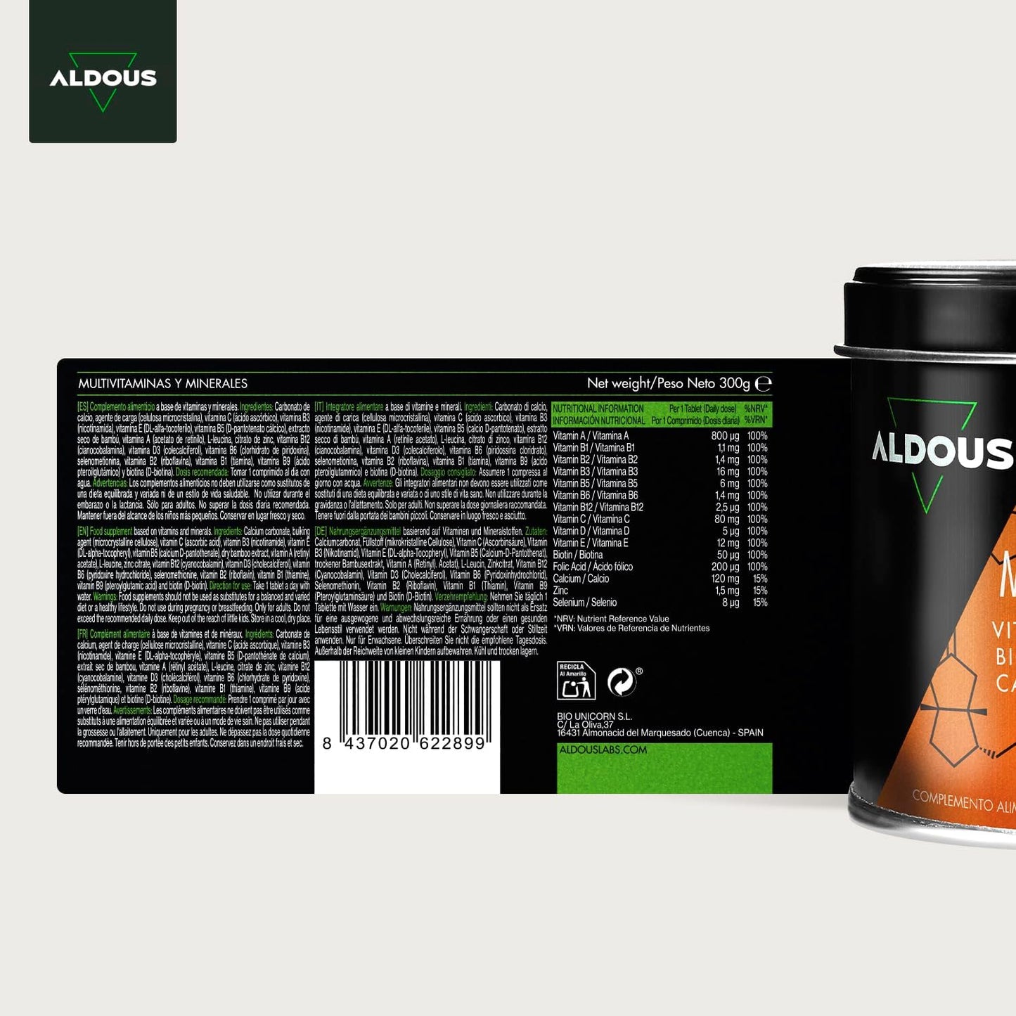 Multivitaminas Hombre y Mujer - 500 comprimidos + 1 año - Multivitaminico: Vitamina C, D, E, A, Vitaminas B, Biotina, Acido Folico, Calcio, Zinc, Selenio - Complejo Vitaminico Completo - ALDOUS