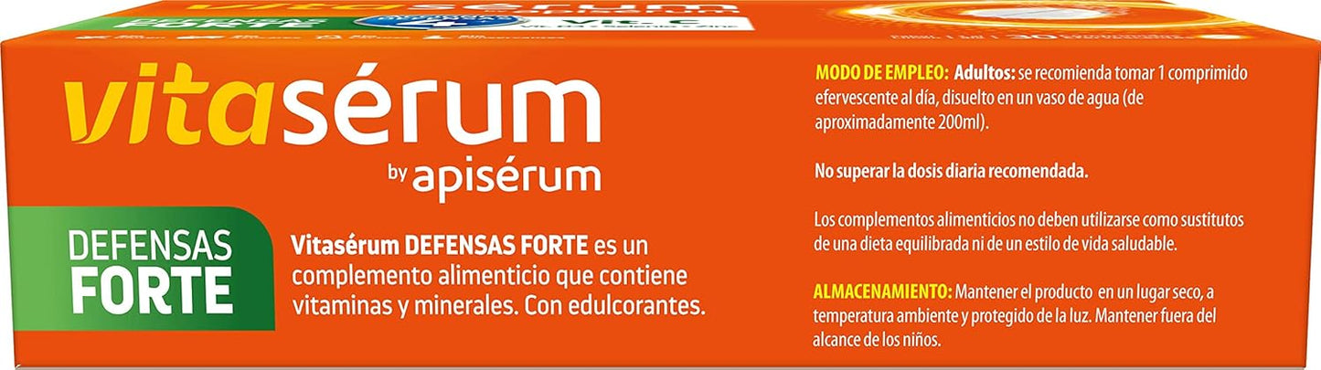 Apiserum Vitasérum Defensas Forte 30 comprimidos , Vitamina C (600 mg), D3, Selenio y Zinc, Ayuda a Tu Sistema Inmunitario, Cansancio y Fatiga, Comprimidos Efervescentes, Anaranjado, 30 días
