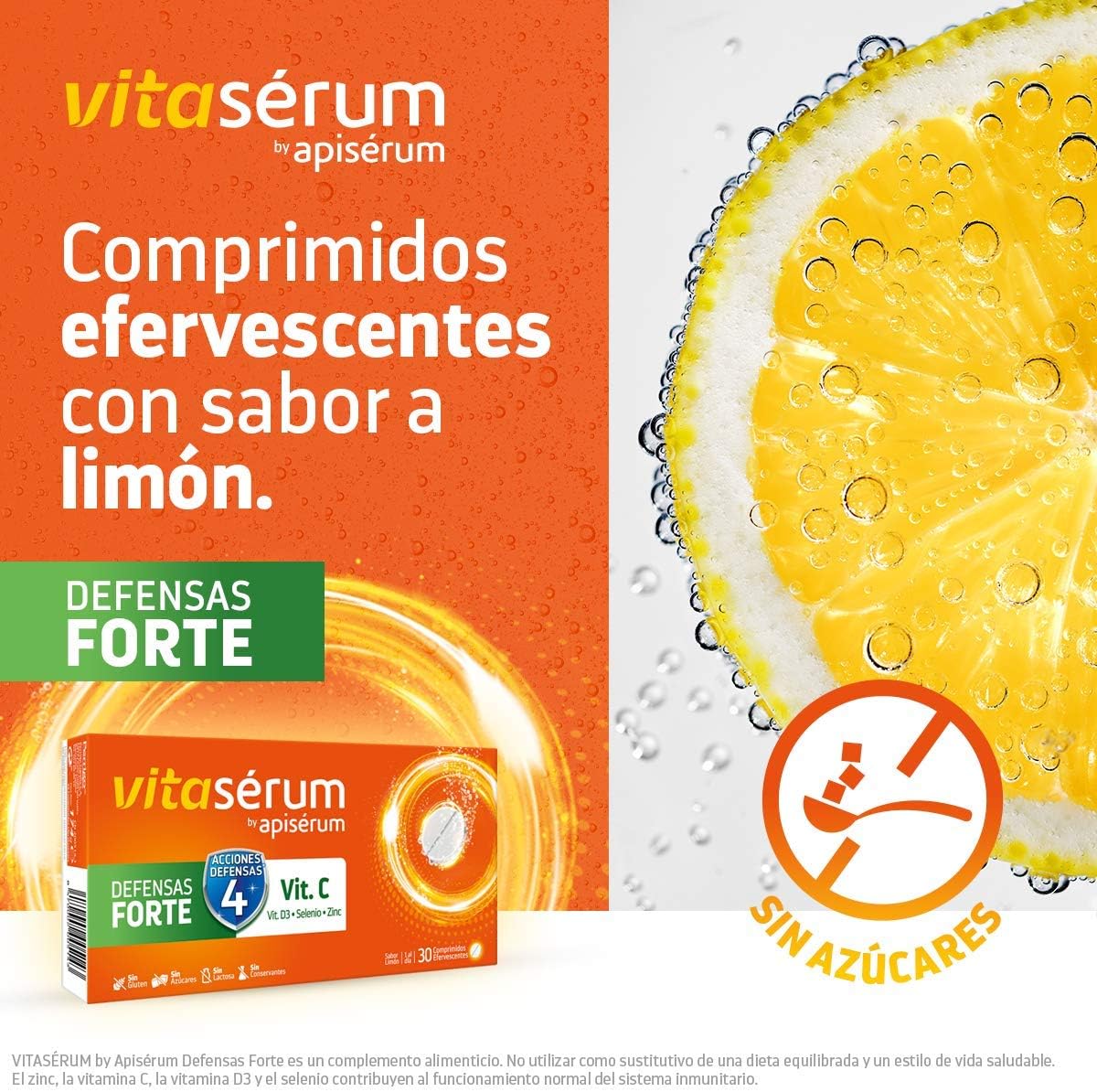 Apiserum Vitasérum Defensas Forte 30 comprimidos , Vitamina C (600 mg), D3, Selenio y Zinc, Ayuda a Tu Sistema Inmunitario, Cansancio y Fatiga, Comprimidos Efervescentes, Anaranjado, 30 días
