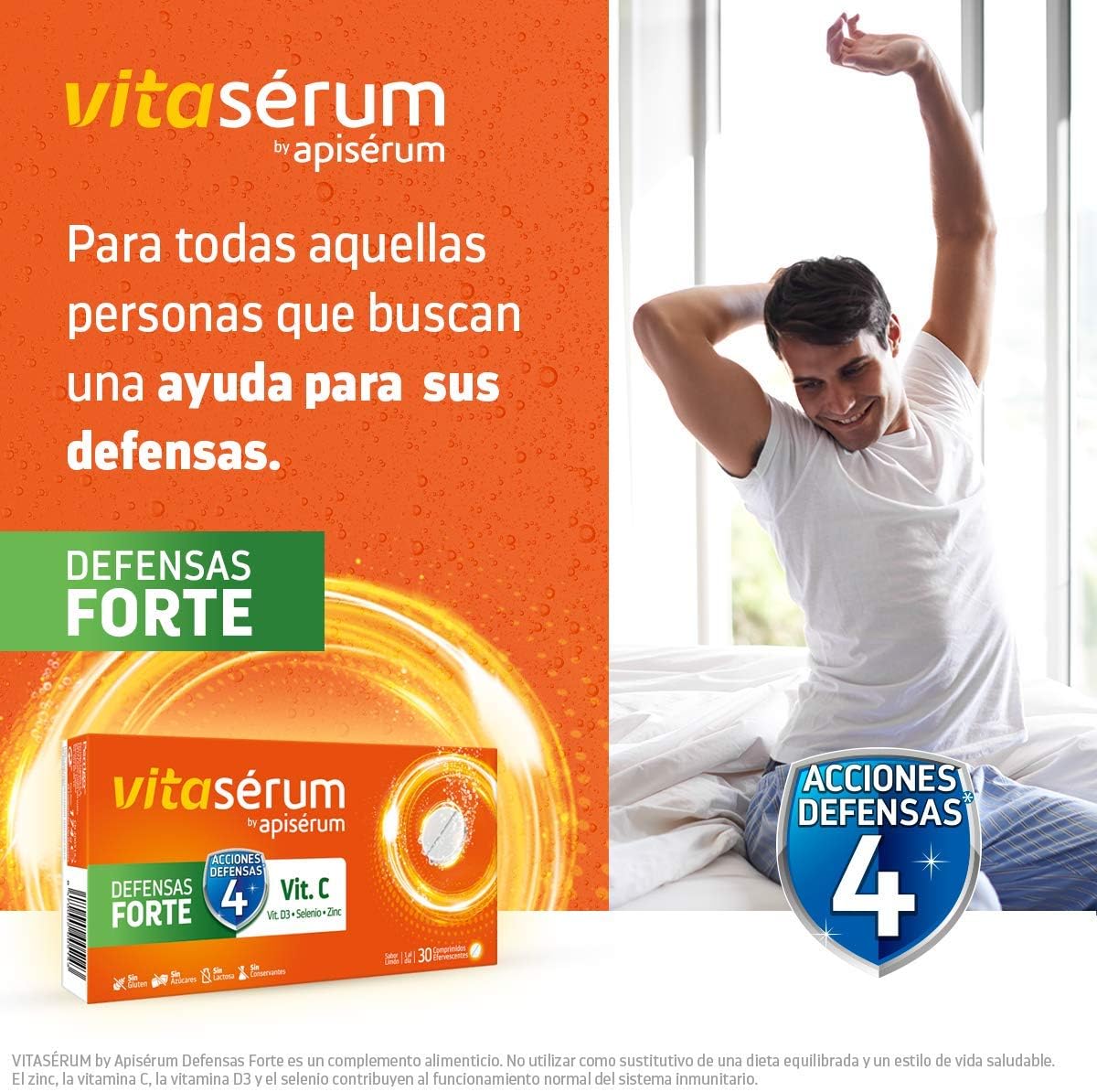 Apiserum Vitasérum Defensas Forte 30 comprimidos , Vitamina C (600 mg), D3, Selenio y Zinc, Ayuda a Tu Sistema Inmunitario, Cansancio y Fatiga, Comprimidos Efervescentes, Anaranjado, 30 días