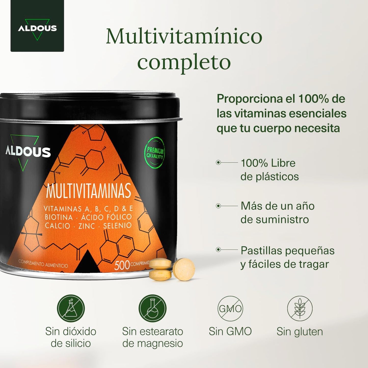 Multivitaminas Hombre y Mujer - 500 comprimidos + 1 año - Multivitaminico: Vitamina C, D, E, A, Vitaminas B, Biotina, Acido Folico, Calcio, Zinc, Selenio - Complejo Vitaminico Completo - ALDOUS