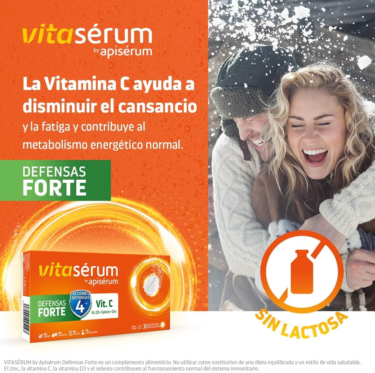 Apiserum Vitasérum Defensas Forte 30 comprimidos , Vitamina C (600 mg), D3, Selenio y Zinc, Ayuda a Tu Sistema Inmunitario, Cansancio y Fatiga, Comprimidos Efervescentes, Anaranjado, 30 días