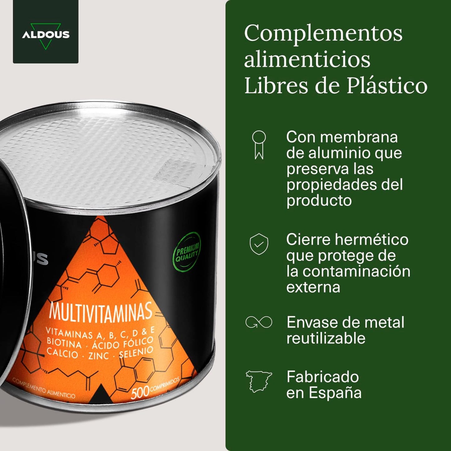 Multivitaminas Hombre y Mujer - 500 comprimidos + 1 año - Multivitaminico: Vitamina C, D, E, A, Vitaminas B, Biotina, Acido Folico, Calcio, Zinc, Selenio - Complejo Vitaminico Completo - ALDOUS