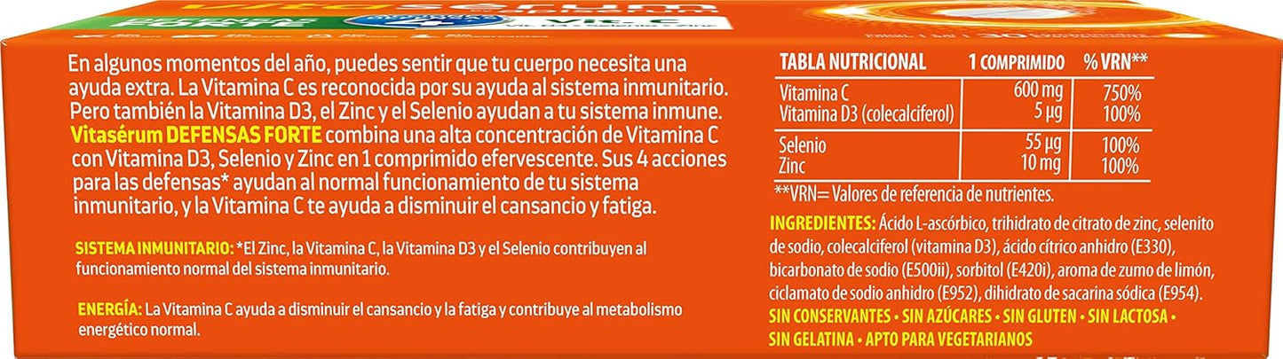 Apiserum Vitasérum Defensas Forte 30 comprimidos , Vitamina C (600 mg), D3, Selenio y Zinc, Ayuda a Tu Sistema Inmunitario, Cansancio y Fatiga, Comprimidos Efervescentes, Anaranjado, 30 días