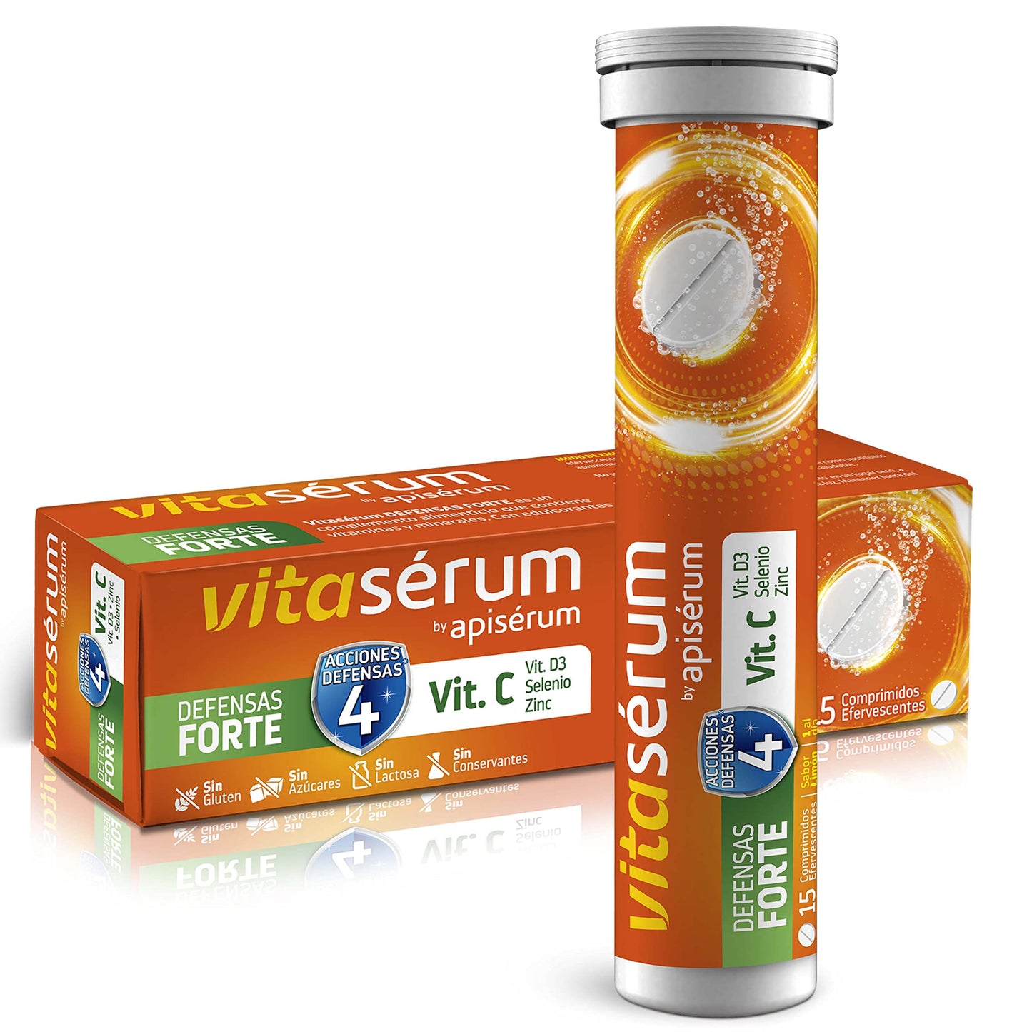 Apiserum Vitasérum Defensas Forte 30 comprimidos , Vitamina C (600 mg), D3, Selenio y Zinc, Ayuda a Tu Sistema Inmunitario, Cansancio y Fatiga, Comprimidos Efervescentes, Anaranjado, 30 días