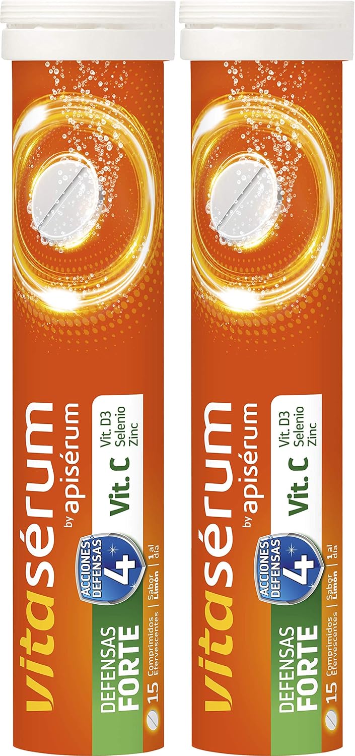 Apiserum Vitasérum Defensas Forte 30 comprimidos , Vitamina C (600 mg), D3, Selenio y Zinc, Ayuda a Tu Sistema Inmunitario, Cansancio y Fatiga, Comprimidos Efervescentes, Anaranjado, 30 días