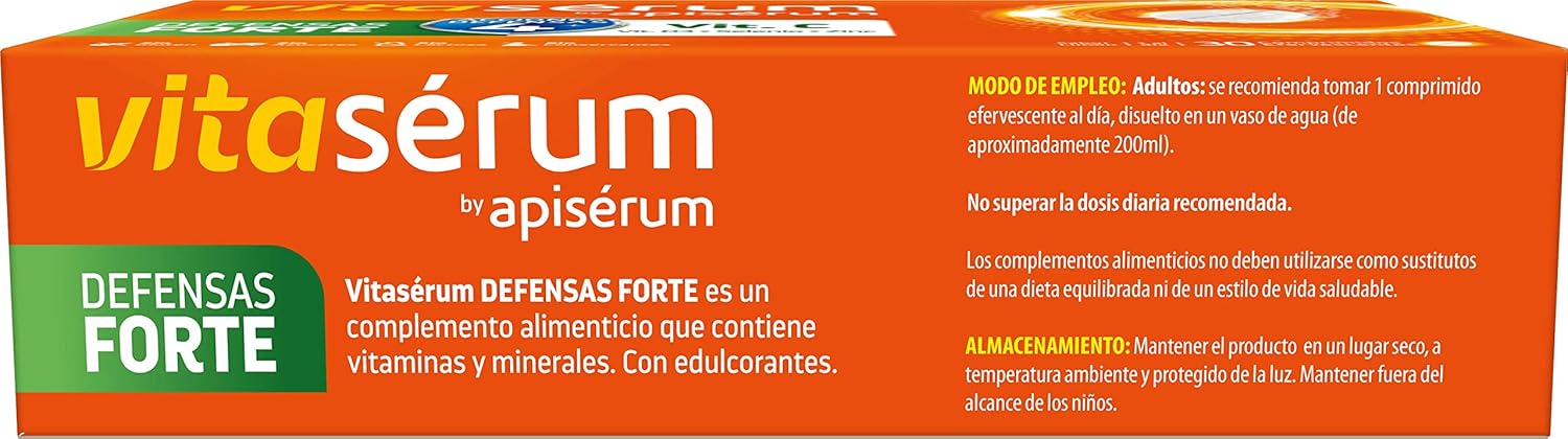 Apiserum Vitasérum Defensas Forte 30 comprimidos , Vitamina C (600 mg), D3, Selenio y Zinc, Ayuda a Tu Sistema Inmunitario, Cansancio y Fatiga, Comprimidos Efervescentes, Anaranjado, 30 días