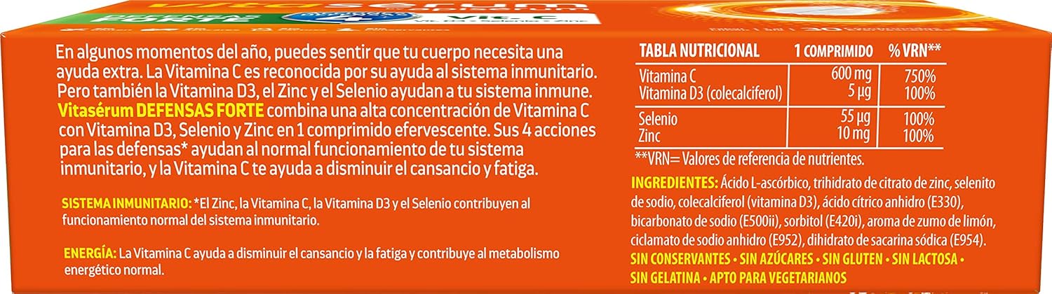 Apiserum Vitasérum Defensas Forte 30 comprimidos , Vitamina C (600 mg), D3, Selenio y Zinc, Ayuda a Tu Sistema Inmunitario, Cansancio y Fatiga, Comprimidos Efervescentes, Anaranjado, 30 días